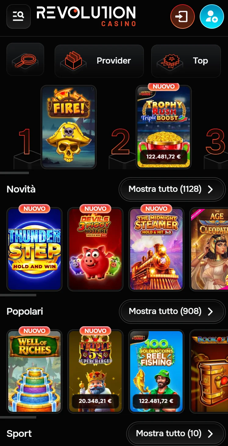 Homepage mobile Revolution Casino con slot top