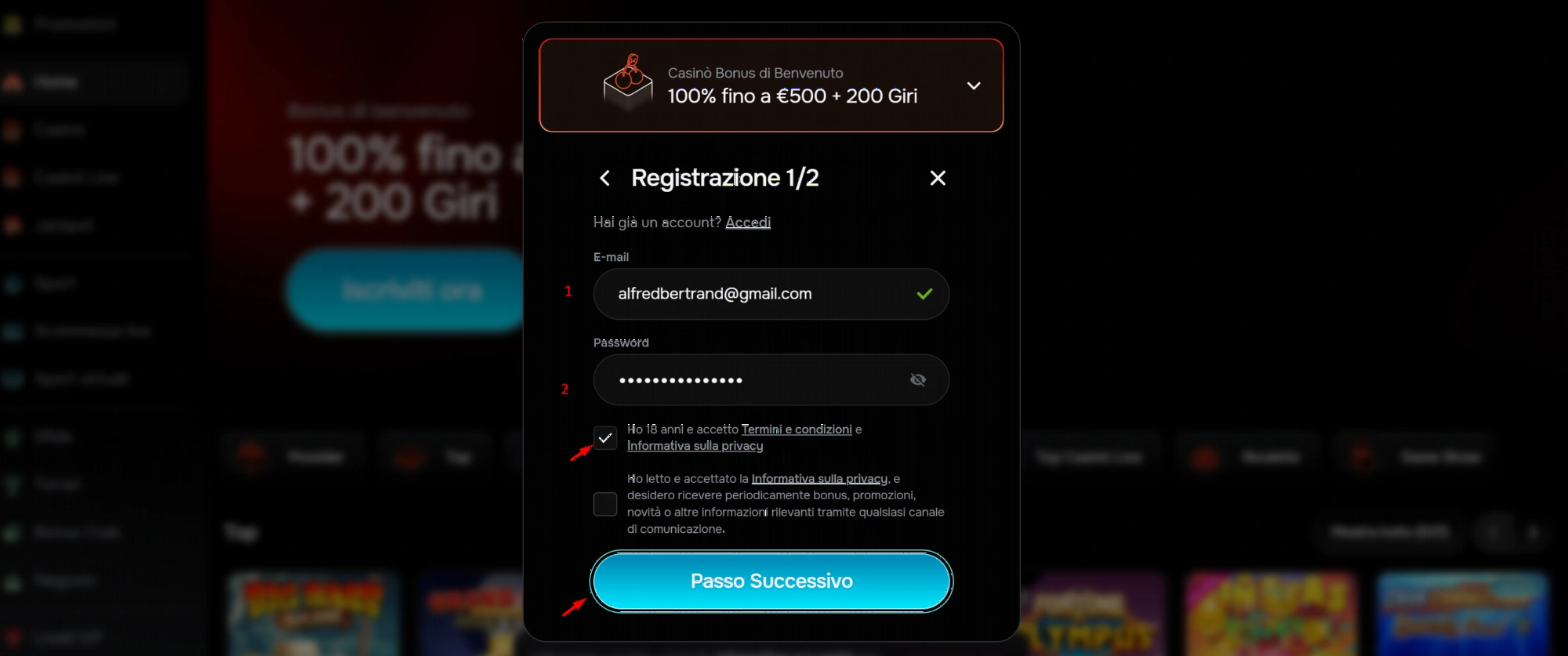 Schermata di login Revolution Casino con campi per email e password