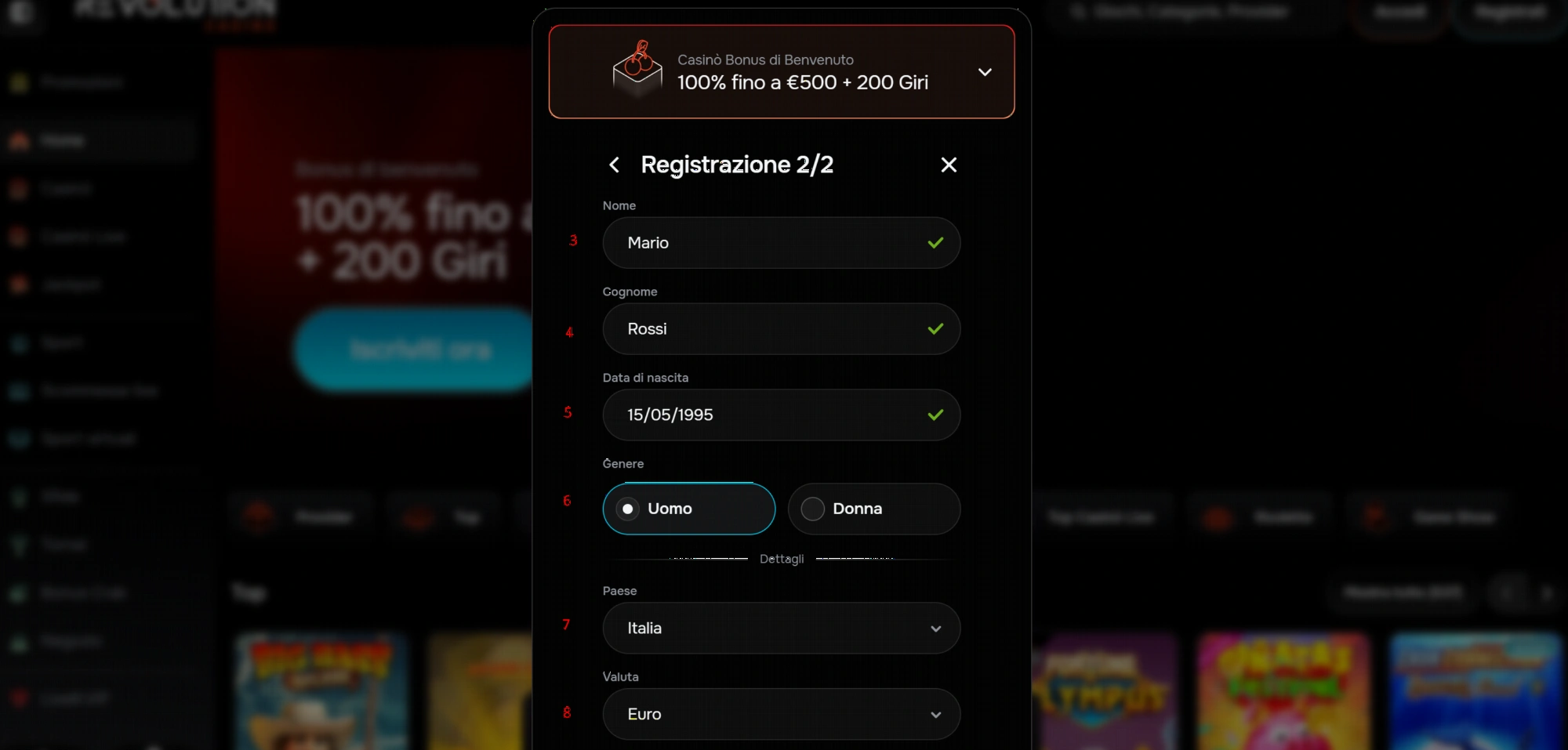 Interfaccia dell'app mobile Revolution Casino con menu e sezioni di gioco