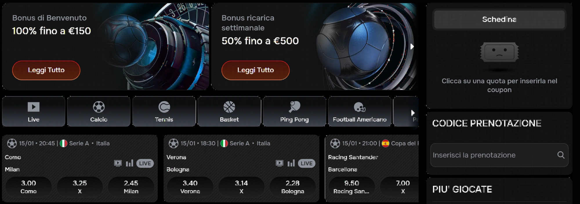 Sezione scommesse sportive con eventi live e quote competitive